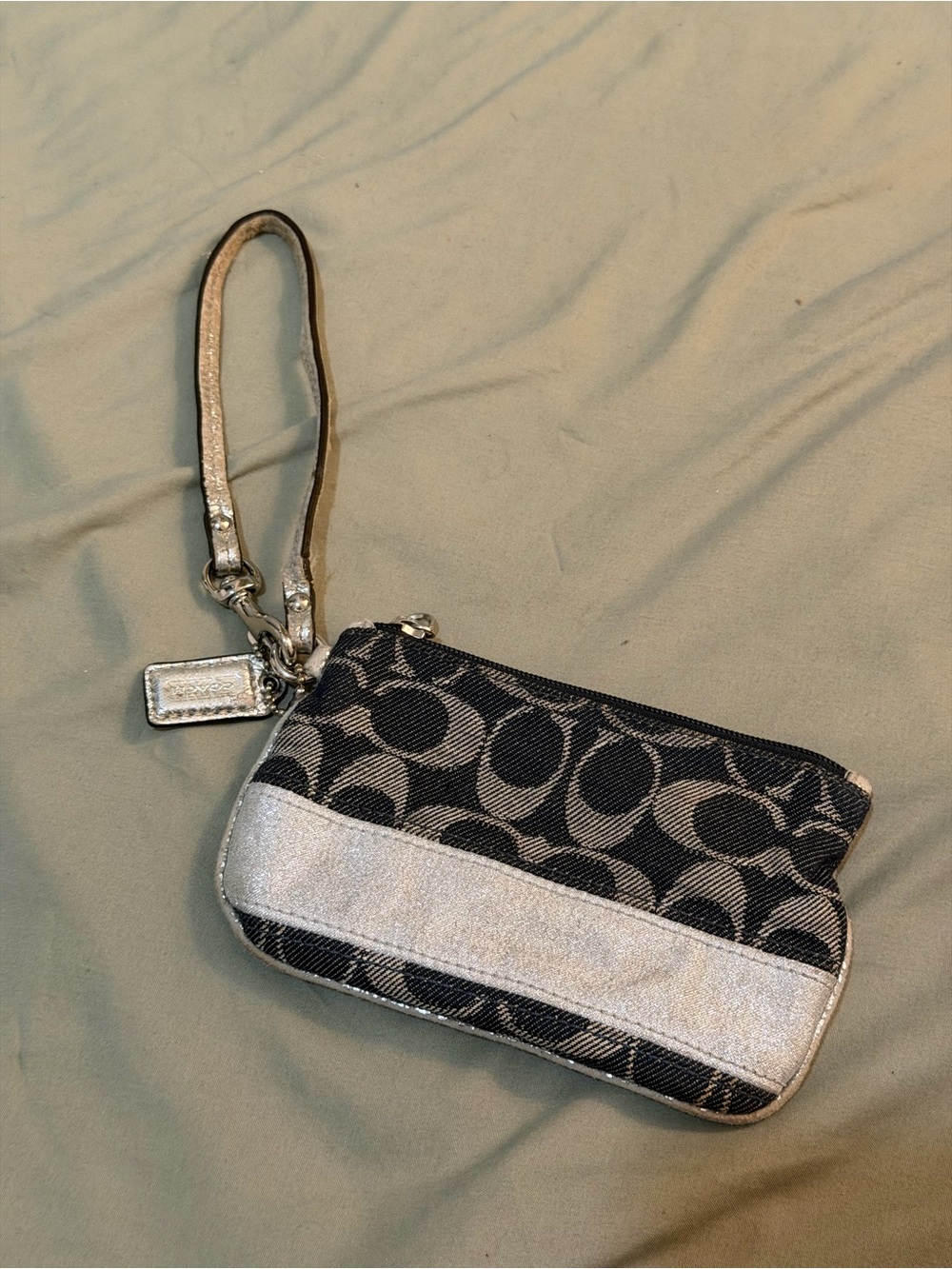 Coach denim Signature Canvas Wristlet with Silver Trim